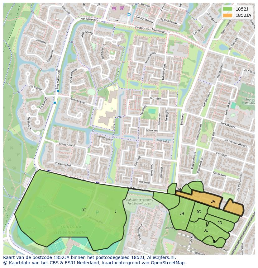 Afbeelding van het postcodegebied 1852 JA op de kaart.