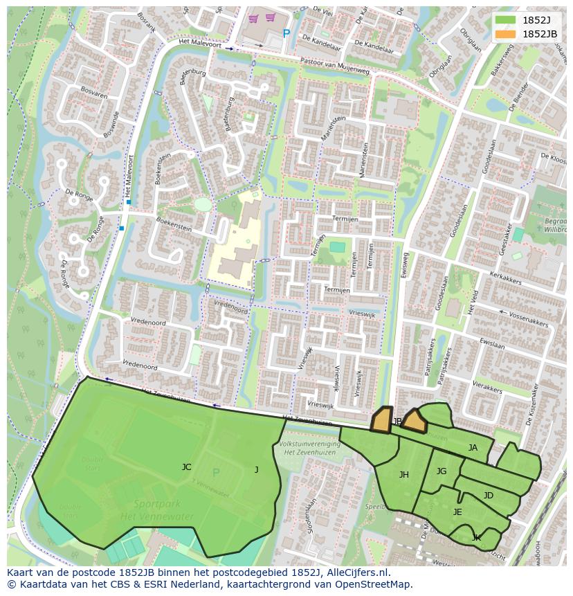 Afbeelding van het postcodegebied 1852 JB op de kaart.