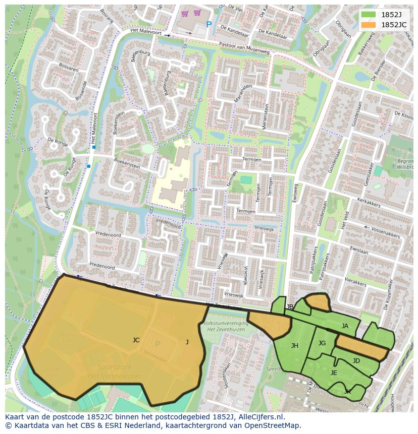 Afbeelding van het postcodegebied 1852 JC op de kaart.
