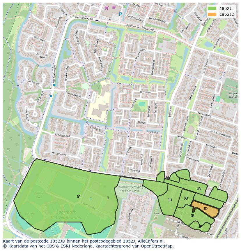Afbeelding van het postcodegebied 1852 JD op de kaart.