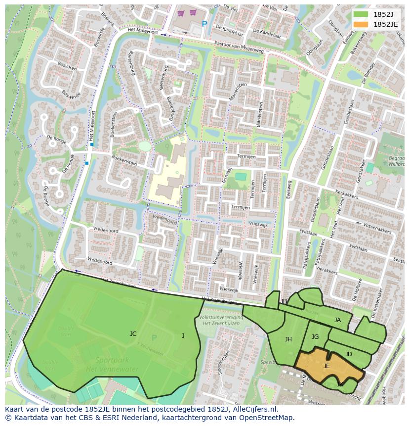 Afbeelding van het postcodegebied 1852 JE op de kaart.