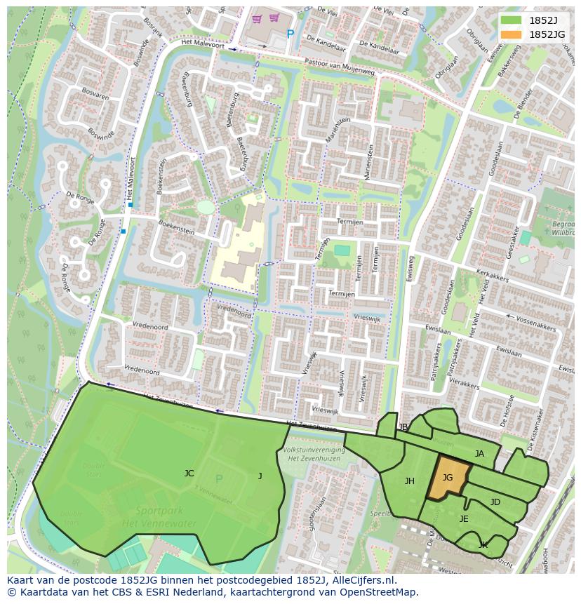 Afbeelding van het postcodegebied 1852 JG op de kaart.