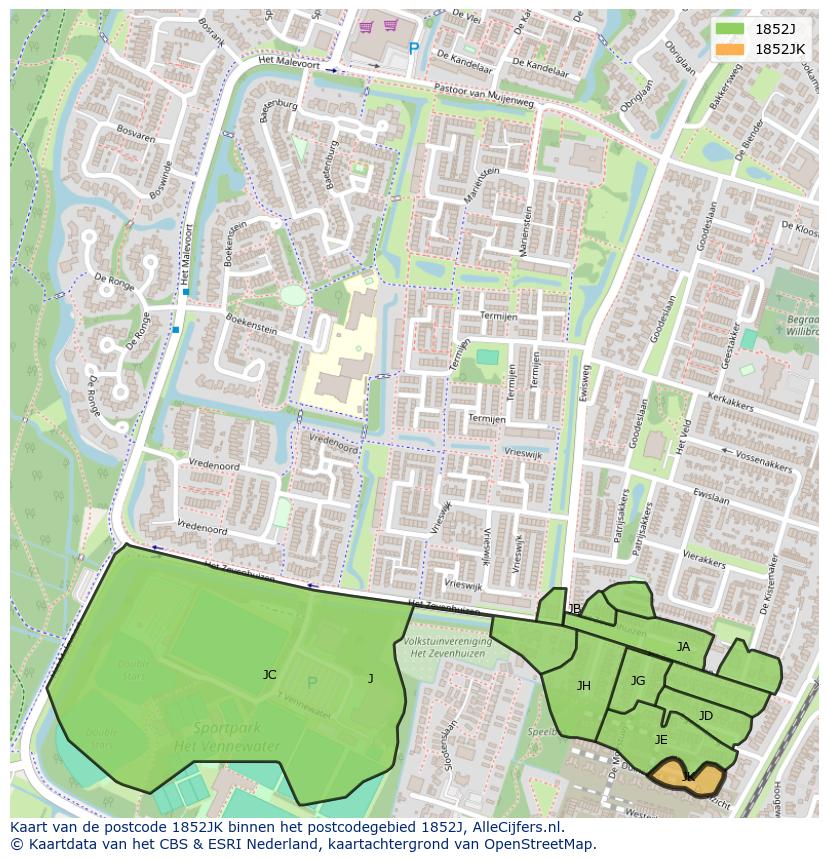 Afbeelding van het postcodegebied 1852 JK op de kaart.