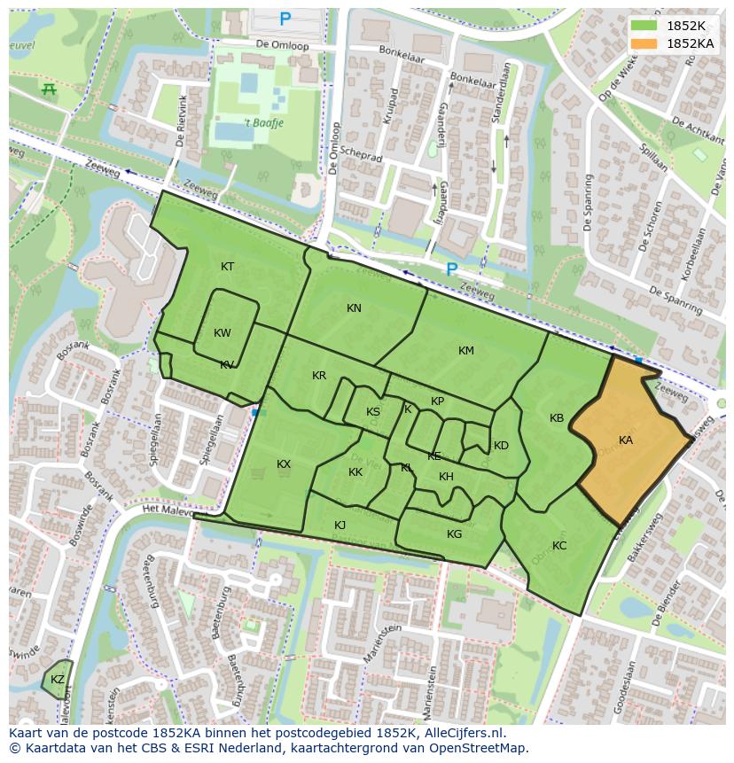 Afbeelding van het postcodegebied 1852 KA op de kaart.