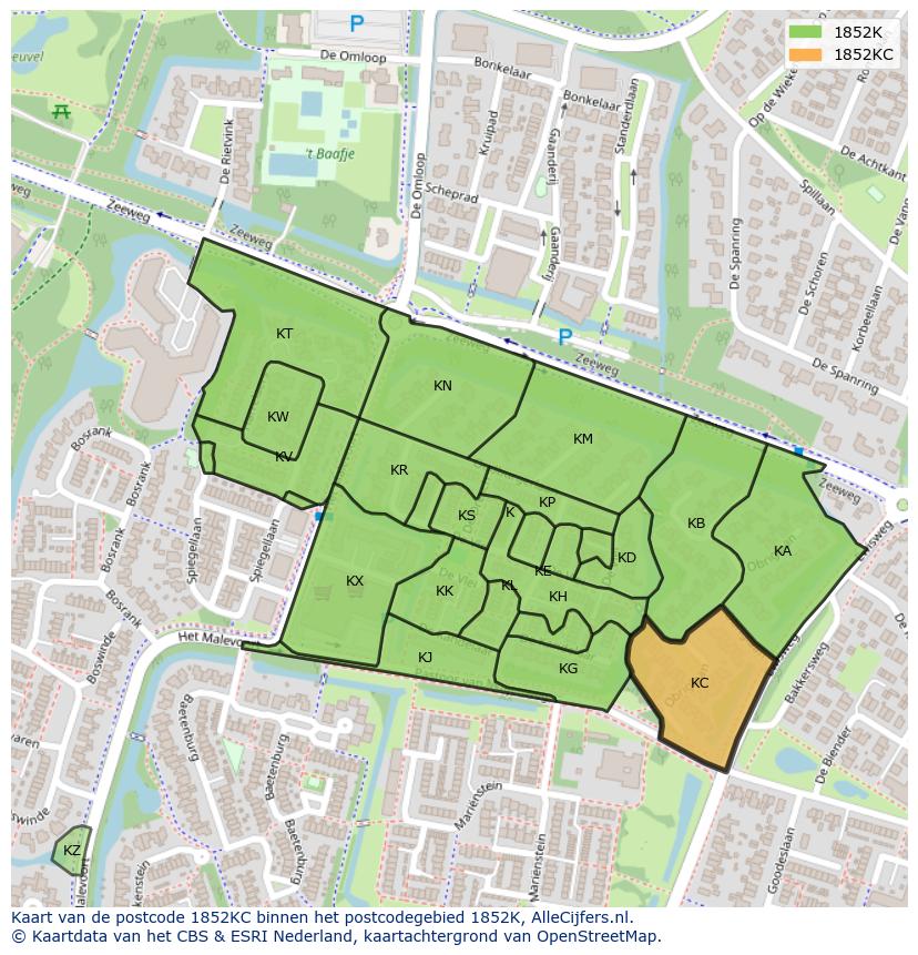 Afbeelding van het postcodegebied 1852 KC op de kaart.