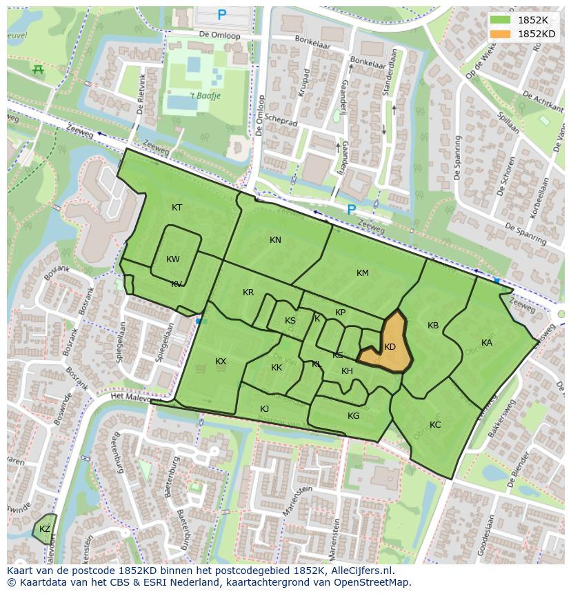 Afbeelding van het postcodegebied 1852 KD op de kaart.