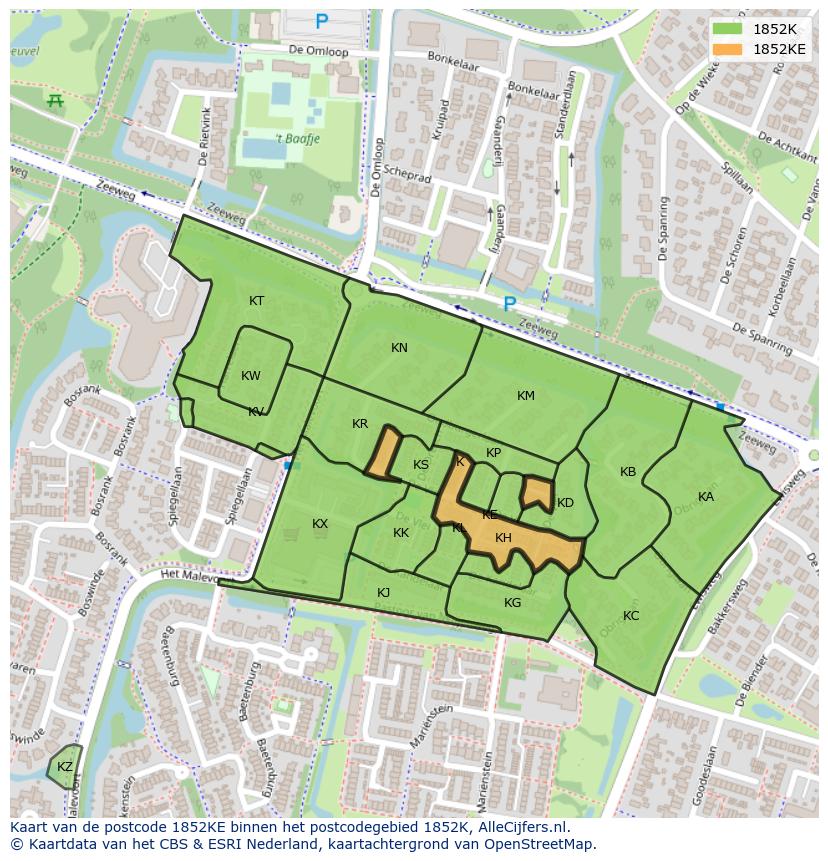 Afbeelding van het postcodegebied 1852 KE op de kaart.