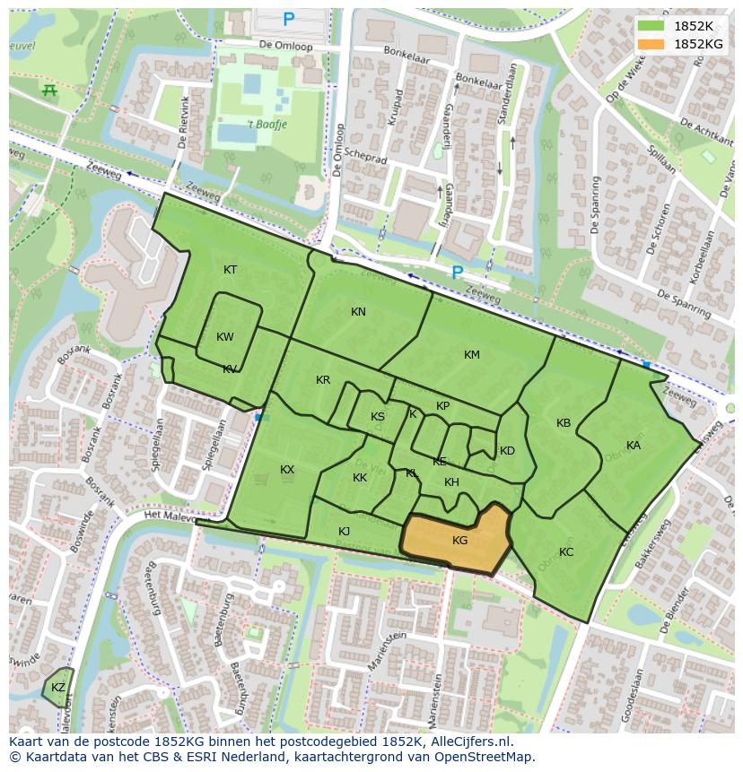 Afbeelding van het postcodegebied 1852 KG op de kaart.