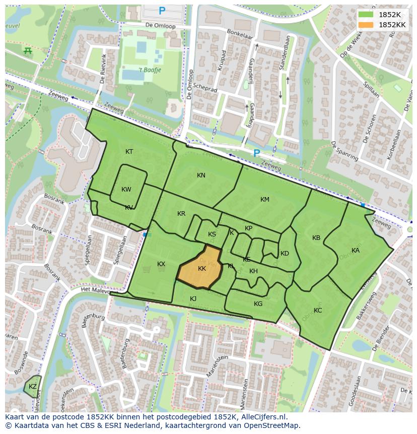 Afbeelding van het postcodegebied 1852 KK op de kaart.