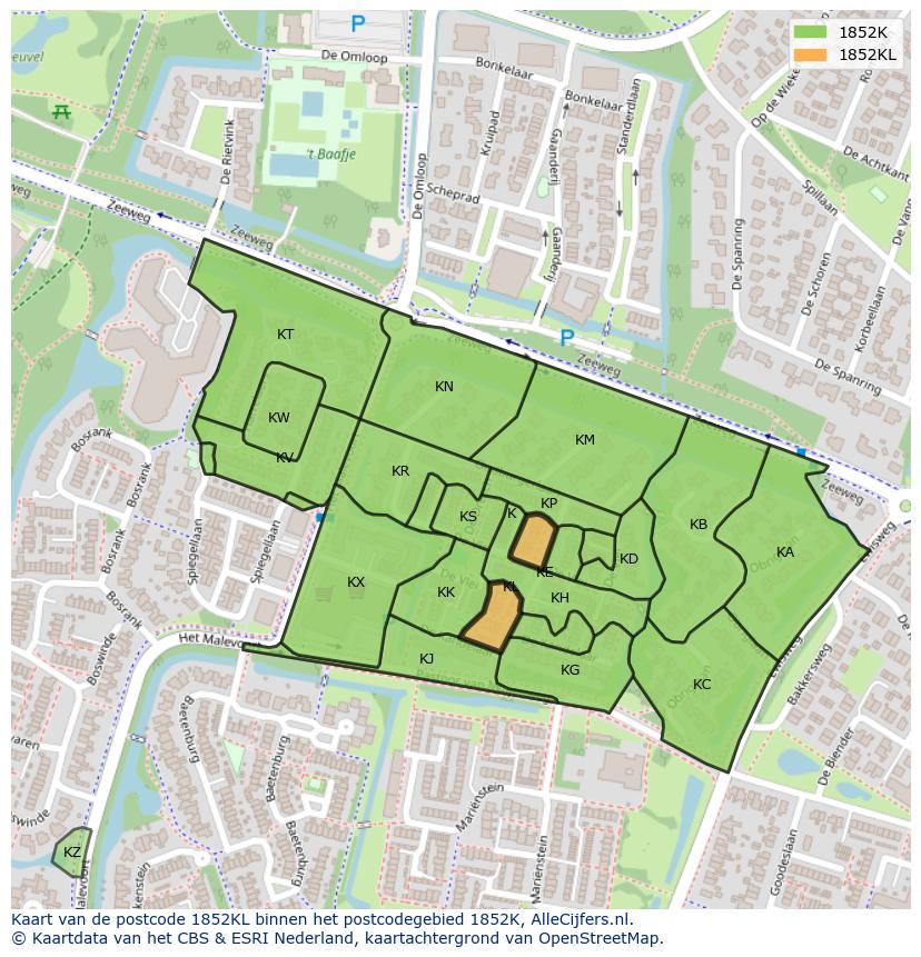 Afbeelding van het postcodegebied 1852 KL op de kaart.