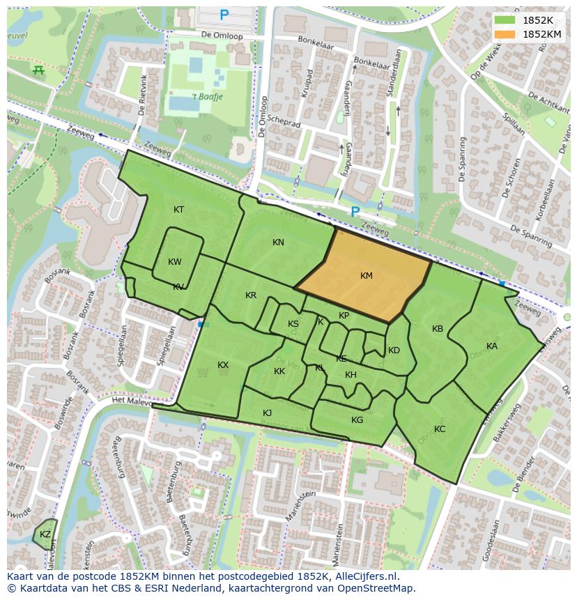 Afbeelding van het postcodegebied 1852 KM op de kaart.