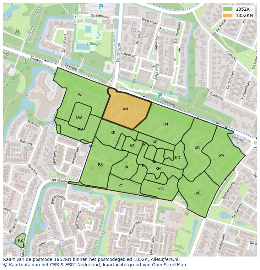 Afbeelding van het postcodegebied 1852 KN op de kaart.