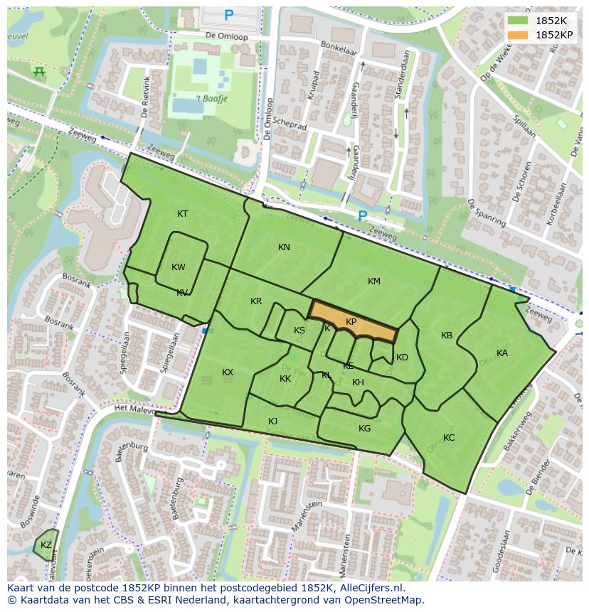 Afbeelding van het postcodegebied 1852 KP op de kaart.