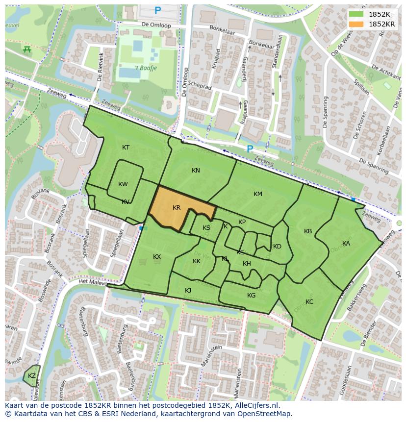 Afbeelding van het postcodegebied 1852 KR op de kaart.