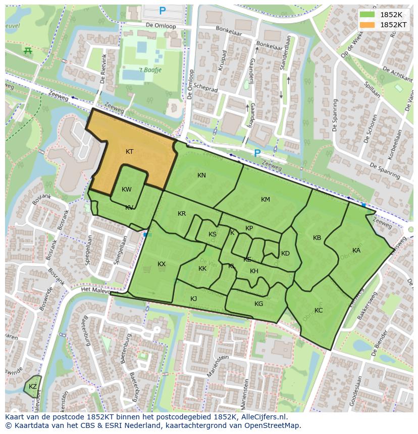 Afbeelding van het postcodegebied 1852 KT op de kaart.