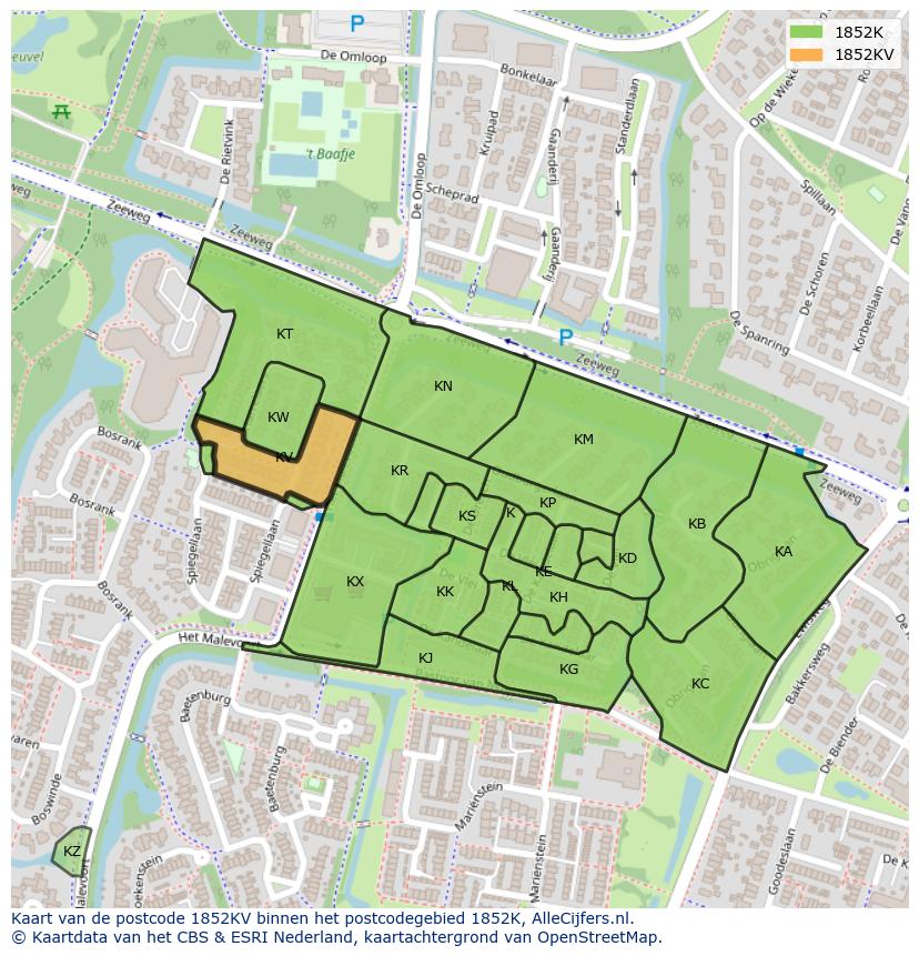 Afbeelding van het postcodegebied 1852 KV op de kaart.