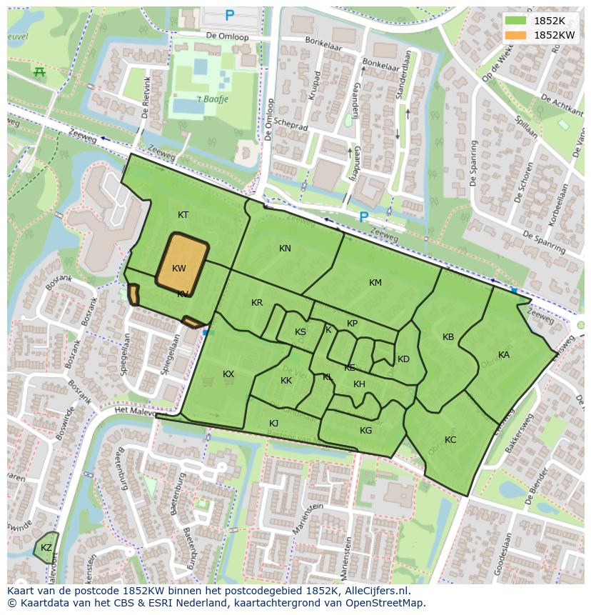 Afbeelding van het postcodegebied 1852 KW op de kaart.