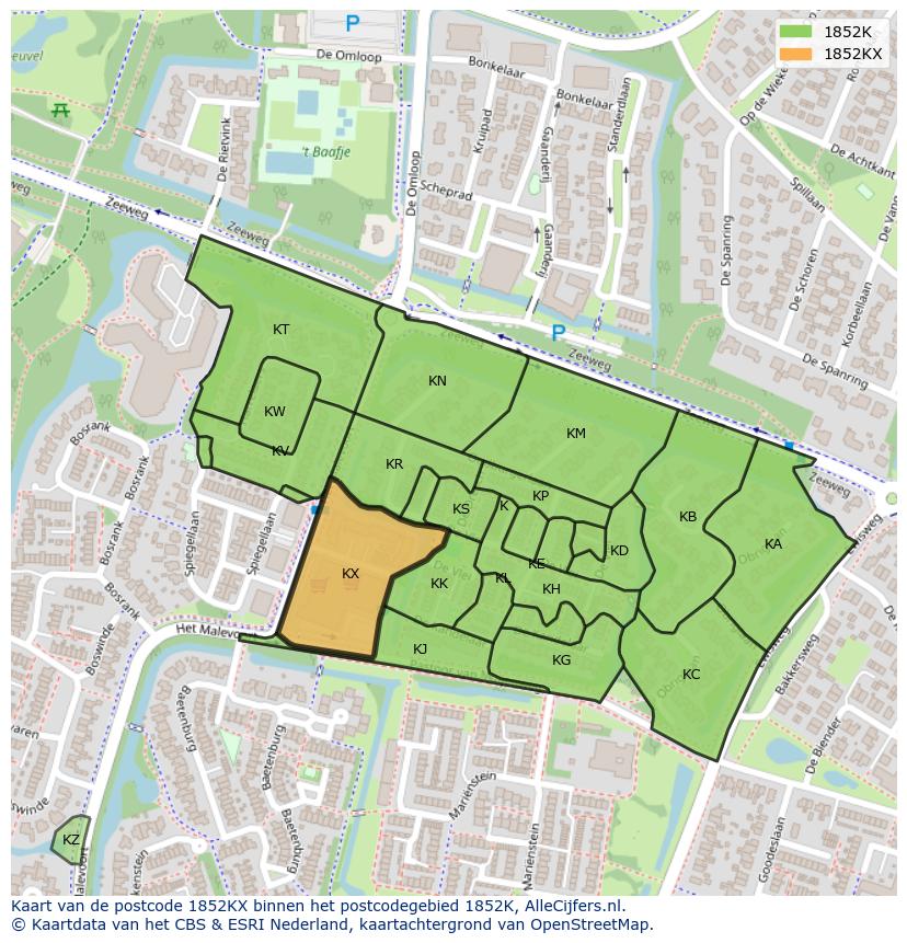 Afbeelding van het postcodegebied 1852 KX op de kaart.