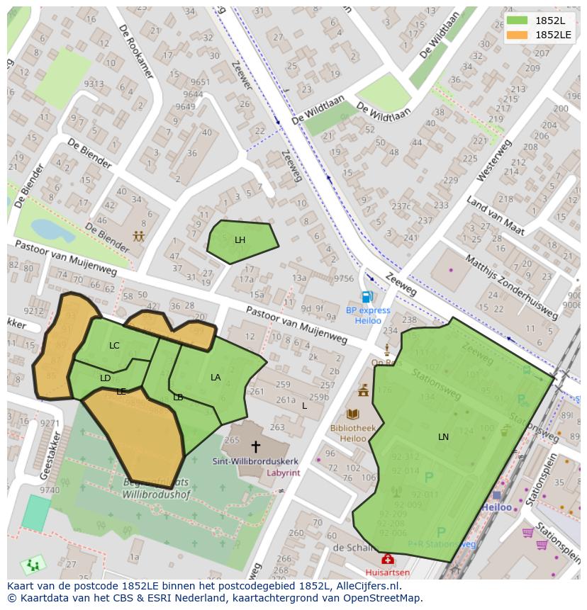 Afbeelding van het postcodegebied 1852 LE op de kaart.