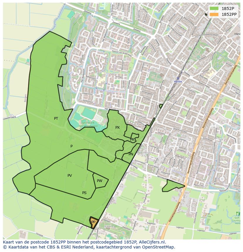 Afbeelding van het postcodegebied 1852 PP op de kaart.