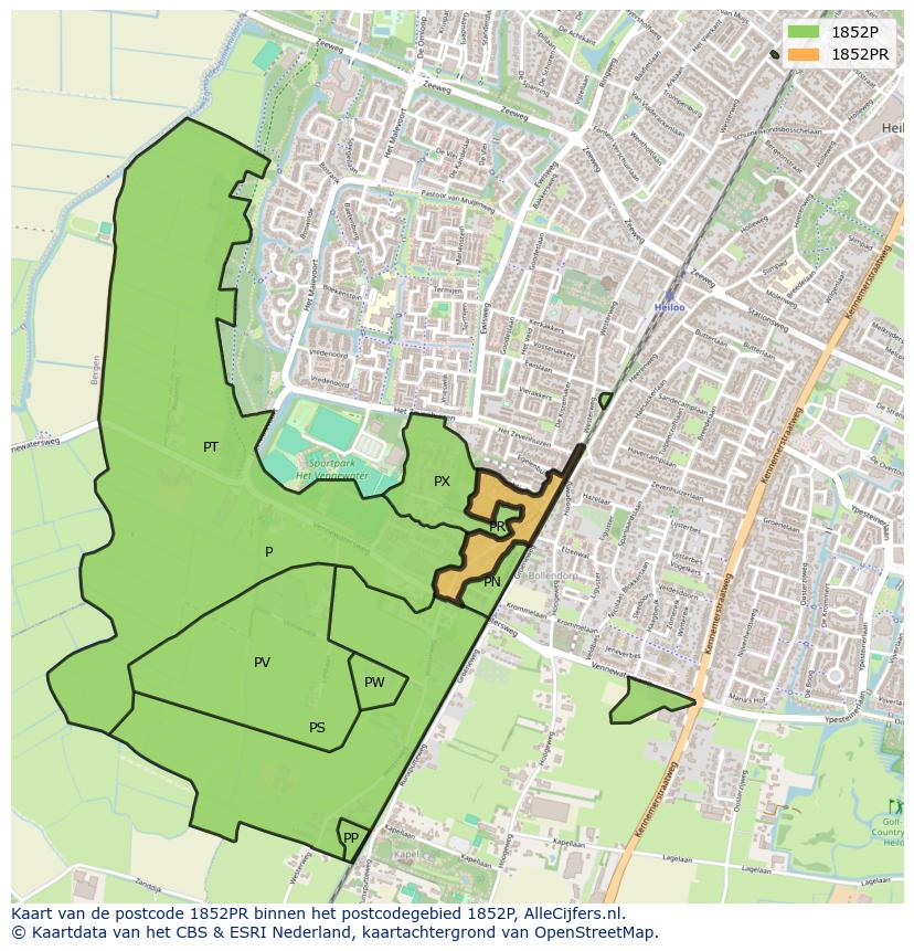 Afbeelding van het postcodegebied 1852 PR op de kaart.