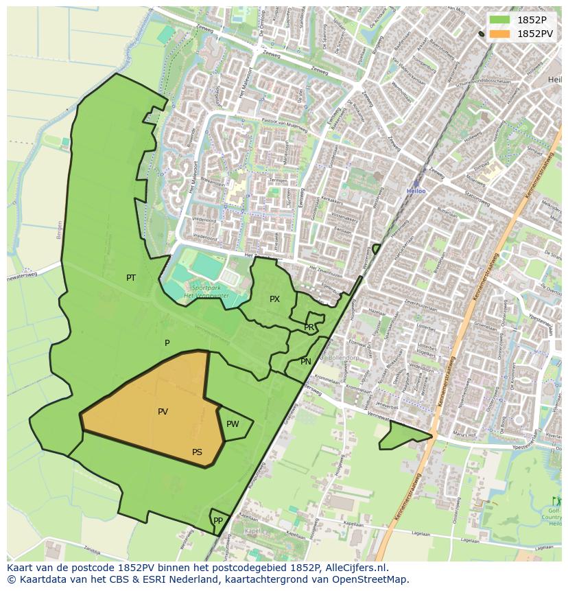 Afbeelding van het postcodegebied 1852 PV op de kaart.