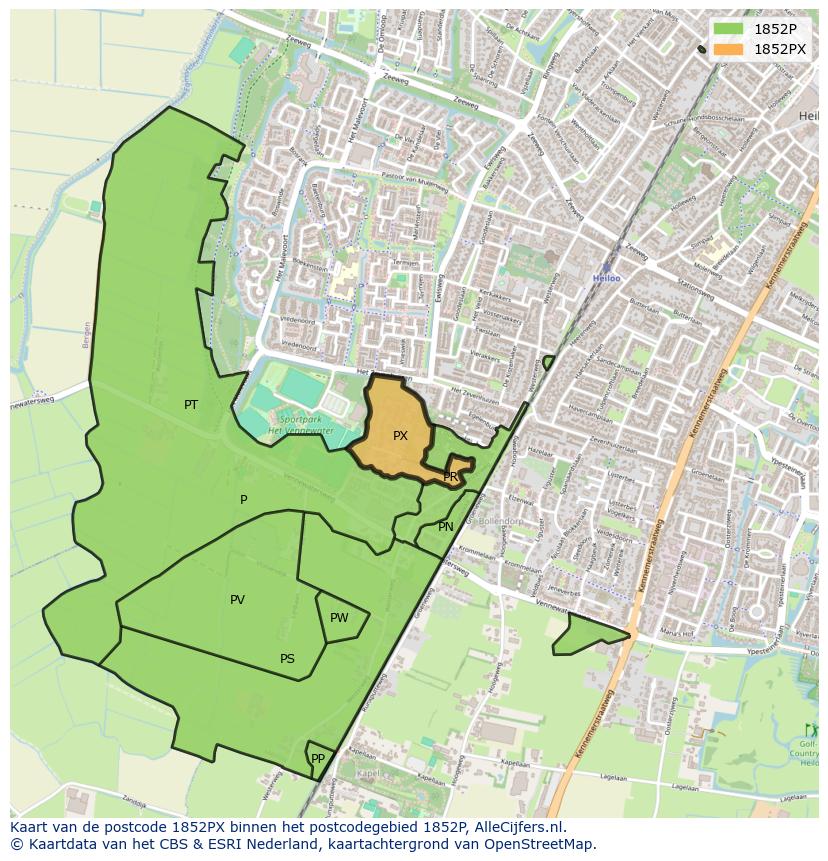 Afbeelding van het postcodegebied 1852 PX op de kaart.