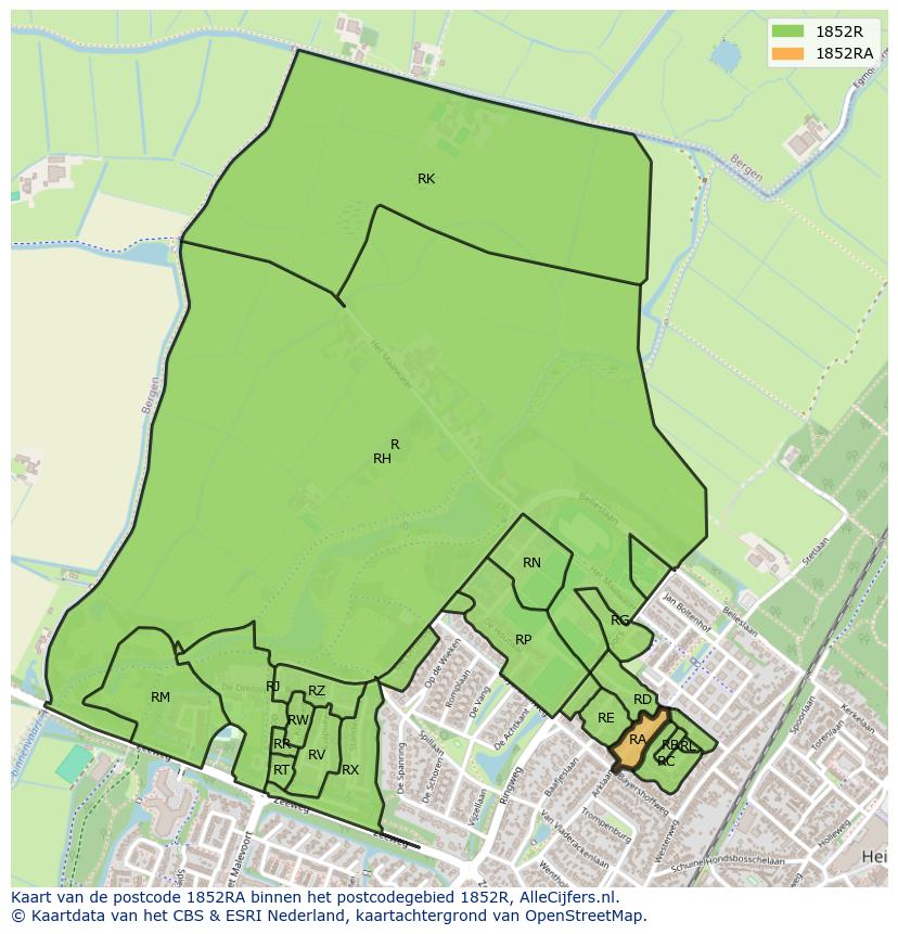 Afbeelding van het postcodegebied 1852 RA op de kaart.