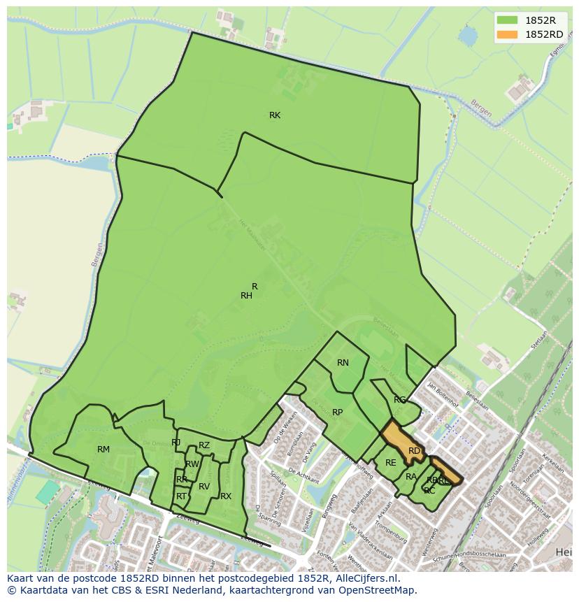 Afbeelding van het postcodegebied 1852 RD op de kaart.