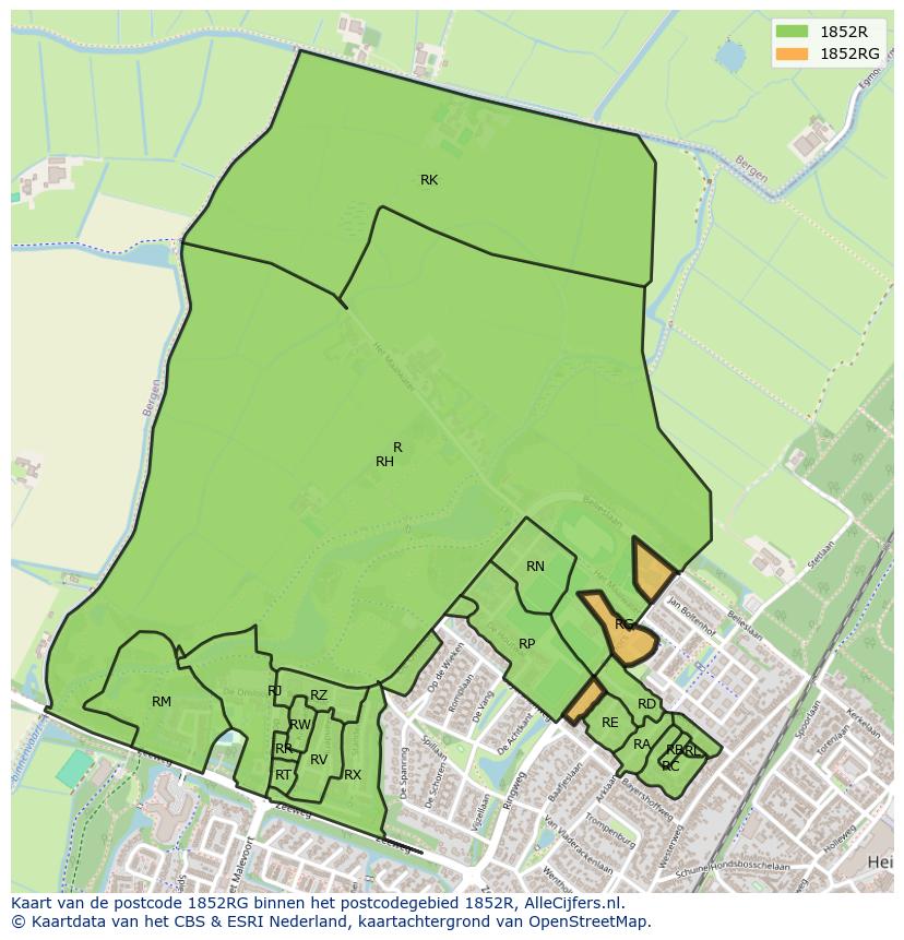 Afbeelding van het postcodegebied 1852 RG op de kaart.
