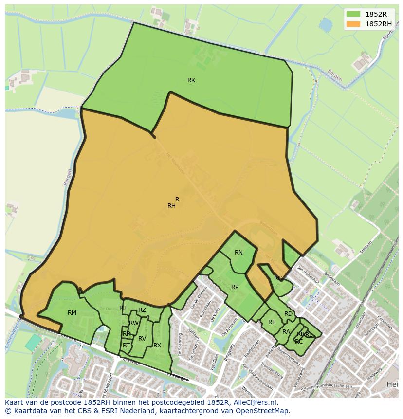 Afbeelding van het postcodegebied 1852 RH op de kaart.