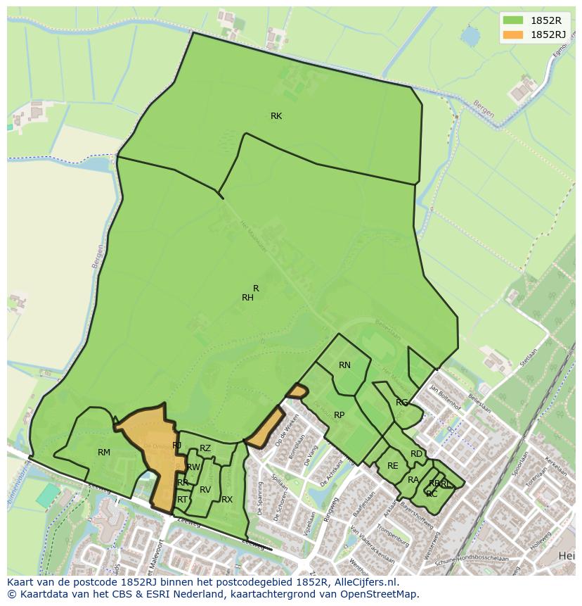Afbeelding van het postcodegebied 1852 RJ op de kaart.