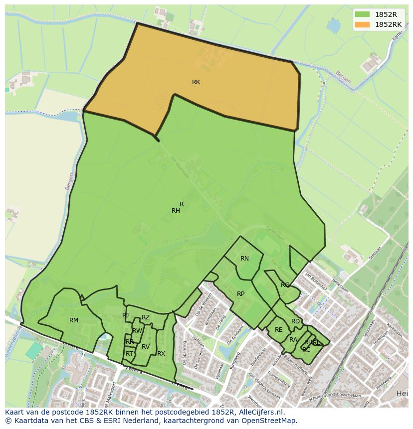 Afbeelding van het postcodegebied 1852 RK op de kaart.