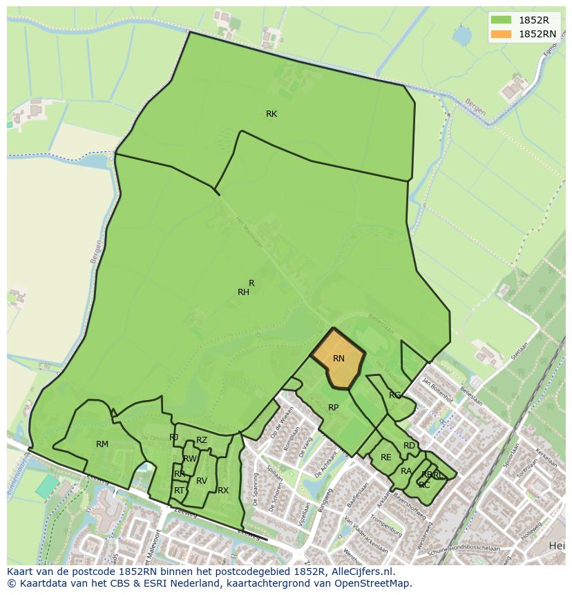 Afbeelding van het postcodegebied 1852 RN op de kaart.