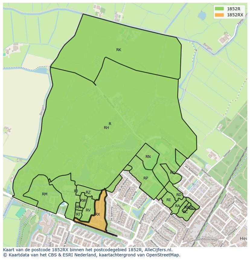 Afbeelding van het postcodegebied 1852 RX op de kaart.