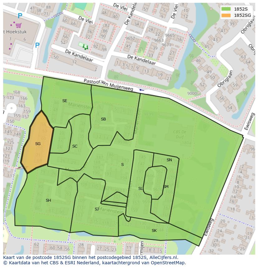 Afbeelding van het postcodegebied 1852 SG op de kaart.