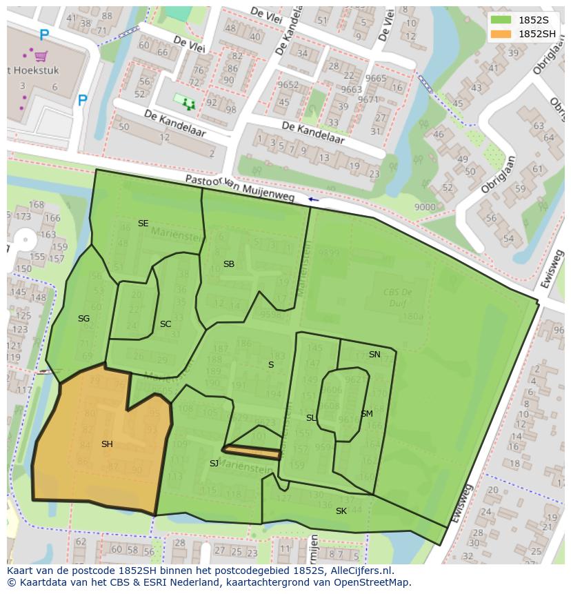 Afbeelding van het postcodegebied 1852 SH op de kaart.