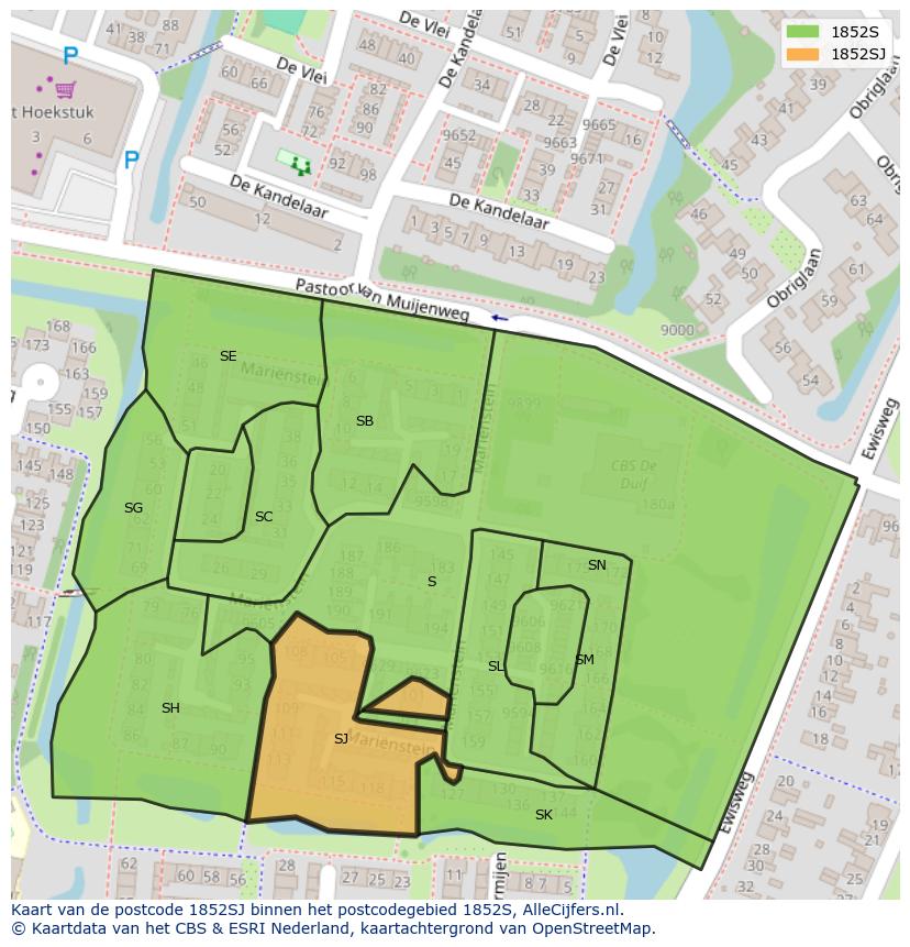 Afbeelding van het postcodegebied 1852 SJ op de kaart.