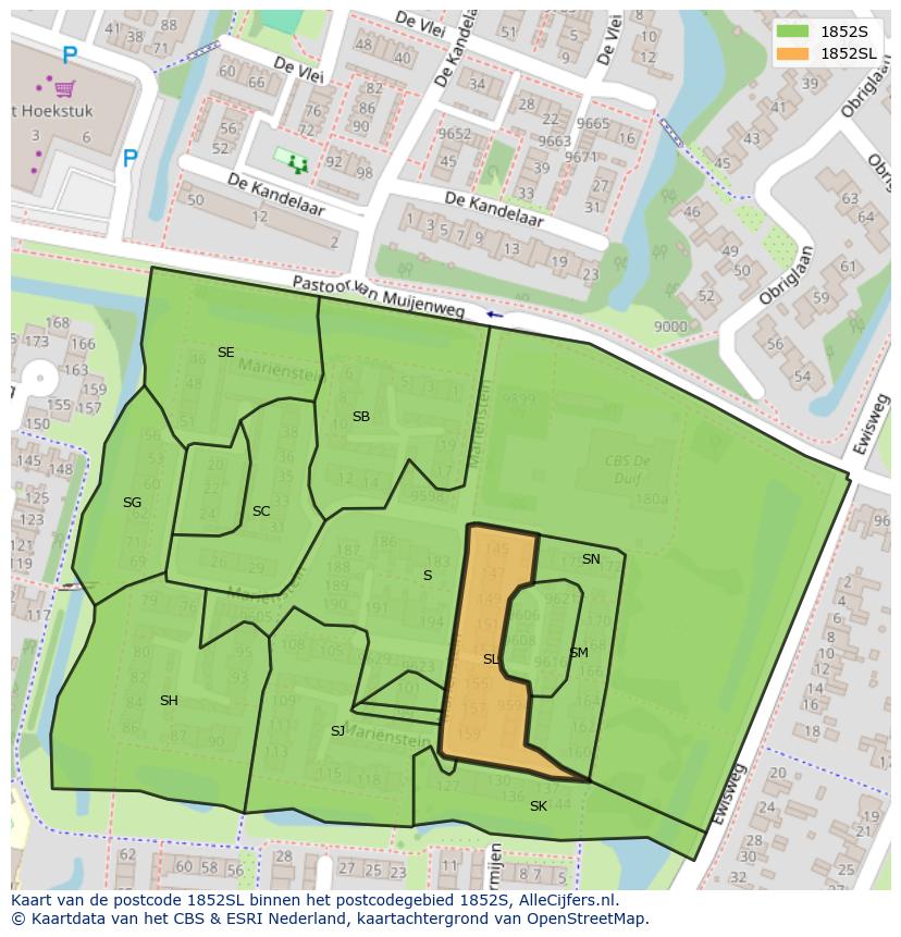 Afbeelding van het postcodegebied 1852 SL op de kaart.