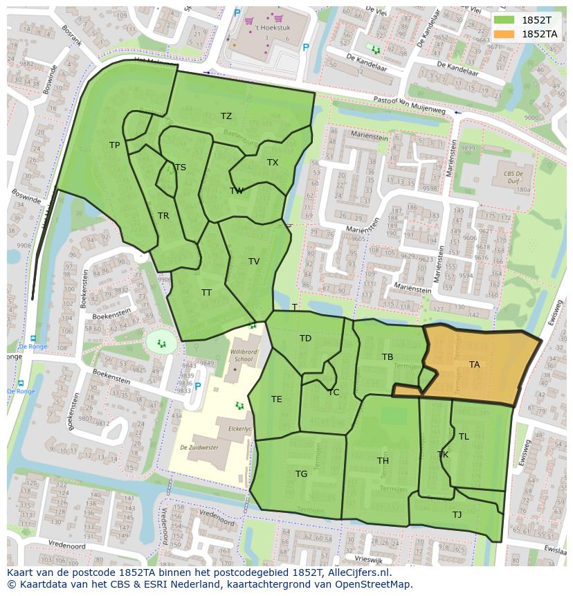 Afbeelding van het postcodegebied 1852 TA op de kaart.