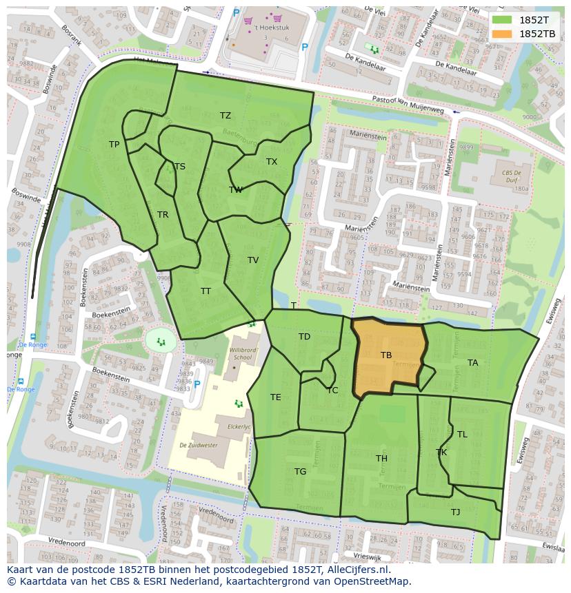 Afbeelding van het postcodegebied 1852 TB op de kaart.
