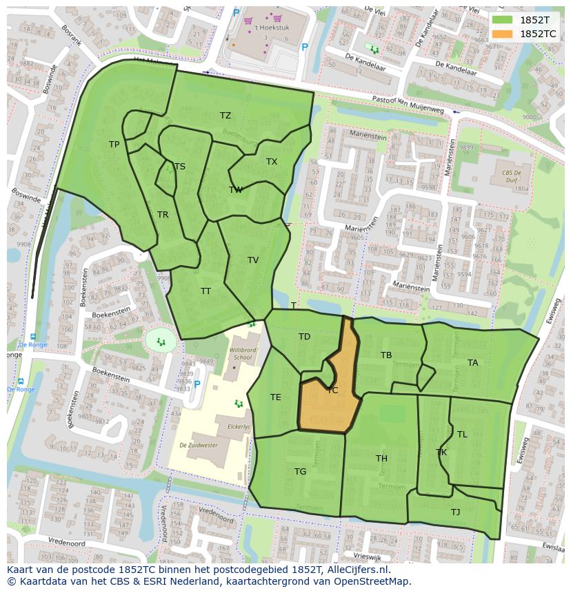 Afbeelding van het postcodegebied 1852 TC op de kaart.