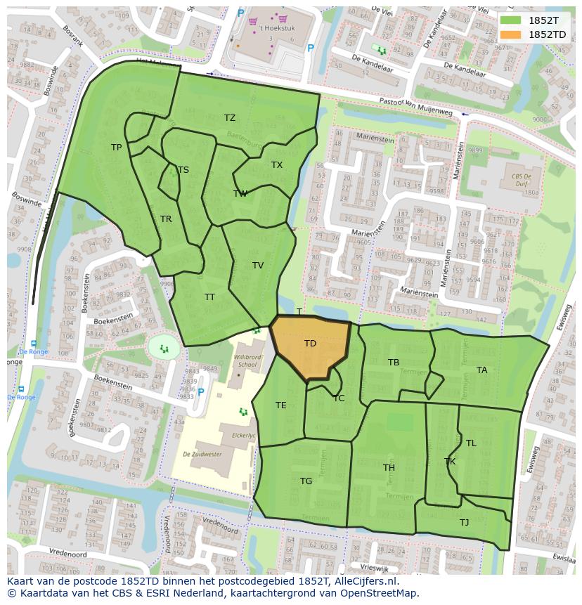 Afbeelding van het postcodegebied 1852 TD op de kaart.
