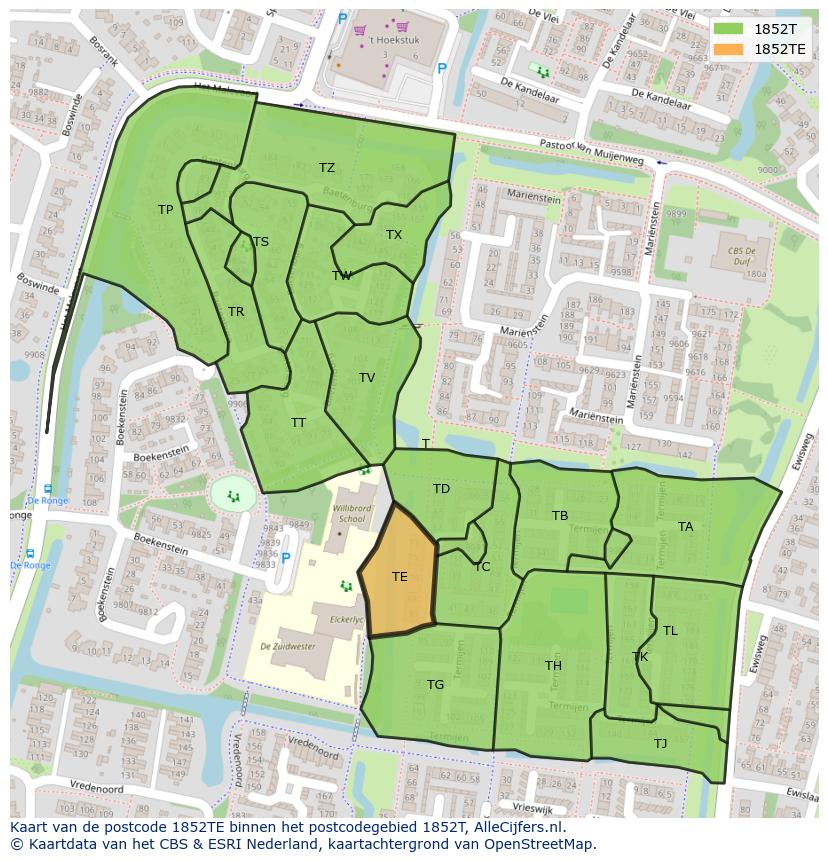 Afbeelding van het postcodegebied 1852 TE op de kaart.