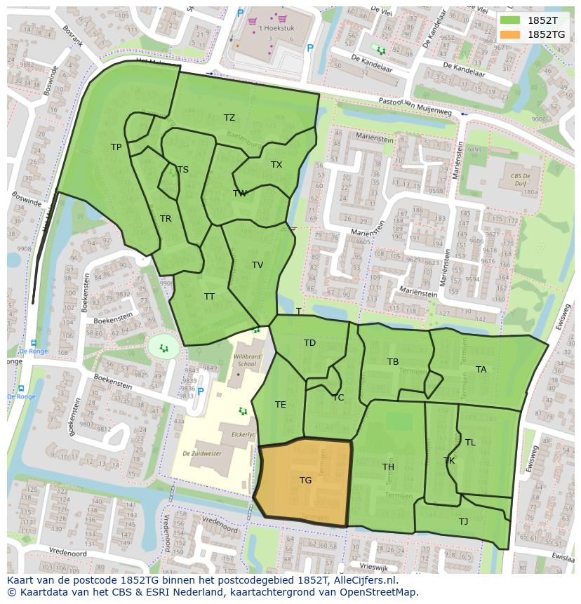 Afbeelding van het postcodegebied 1852 TG op de kaart.