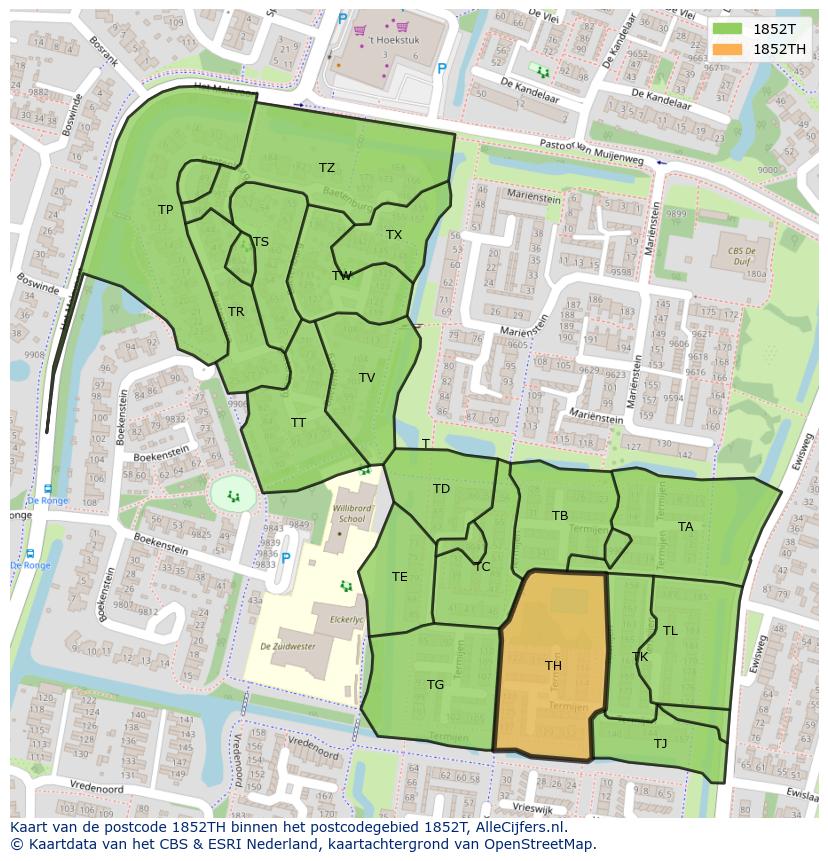 Afbeelding van het postcodegebied 1852 TH op de kaart.