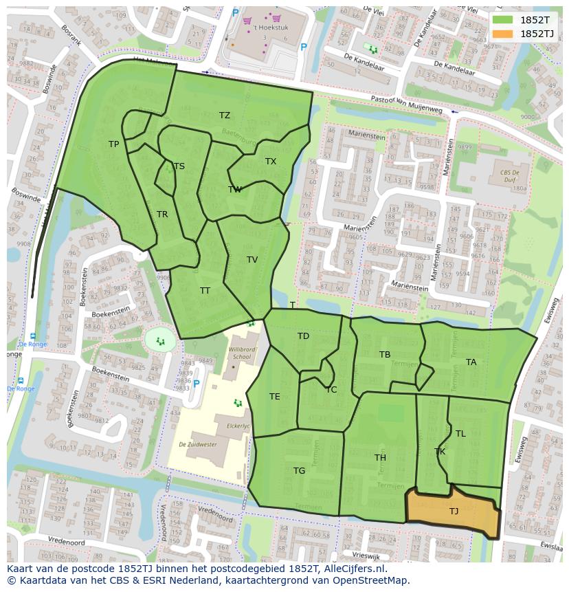 Afbeelding van het postcodegebied 1852 TJ op de kaart.