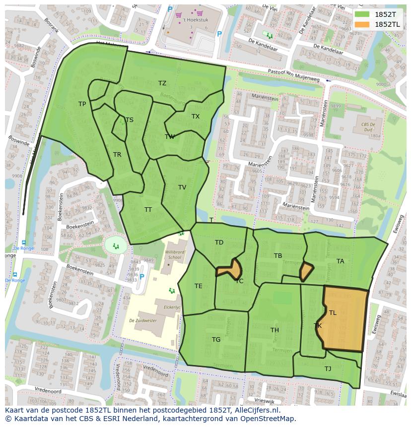 Afbeelding van het postcodegebied 1852 TL op de kaart.