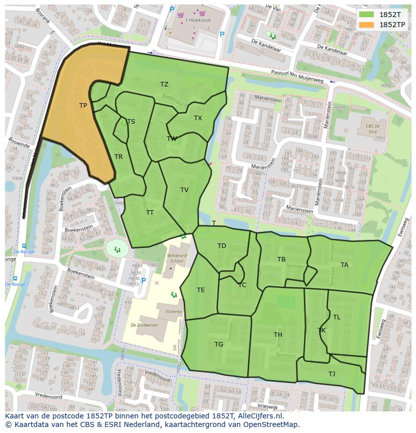 Afbeelding van het postcodegebied 1852 TP op de kaart.