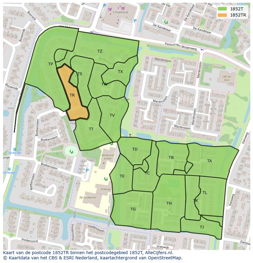 Afbeelding van het postcodegebied 1852 TR op de kaart.